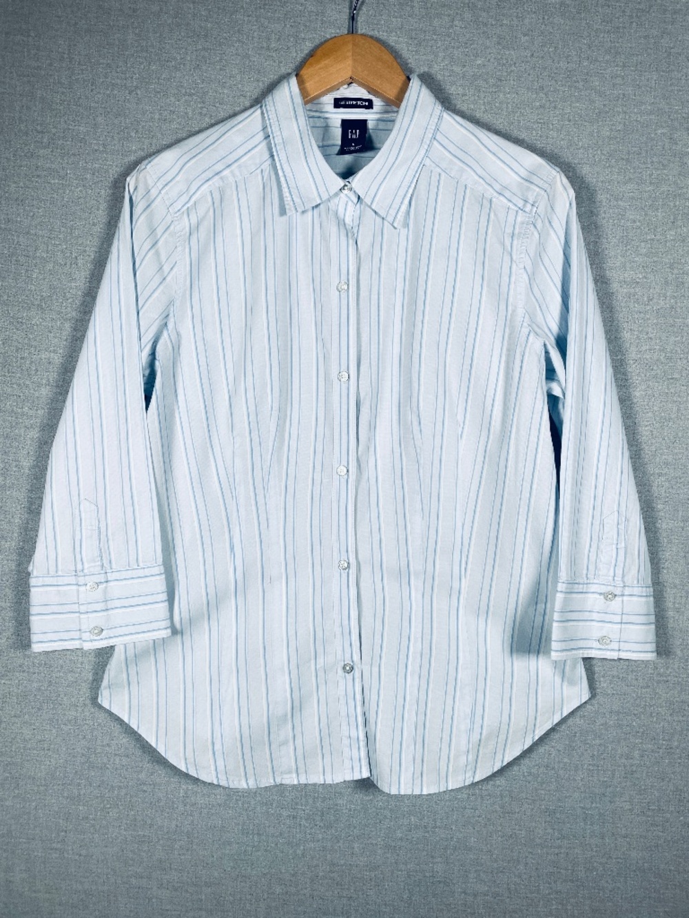 GAP Stretch Striped Button Up Shirt Large Blue White 3/4 Sleeve Coastal Preppy
